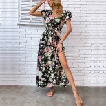 Summer Floral Maxi Dress Mid Length Split Design Lightweight Fabric Beach Vacation Wear Wholesal