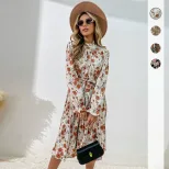 Floral Long Sleeve Midi Dress High Neck Elegant Design Trendy Style Perfect for Parties and Even