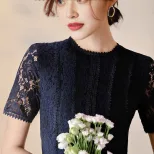 Lace Hollow Out Midi Dress for Women Round Neck Short Sleeve Summer Casual Wear