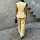 Womens Sleeveless V Neck Vest and Pants Set Casual Style Available in Apricot Yellow and Blue Wholesale Ready to Ship