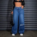 Womens Wide Leg Distressed Denim Pants Fashionable Casual Comfortable Fit Perfect for Everyday W