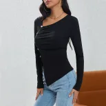 Womens Knitted Top Wrinkle Design Button Detail Asymmetrical Style Autumn Winter Fashion Wholesa
