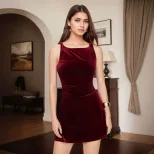 Vintage French Style Velvet Dress for Women Burgundy Slim Fit Spaghetti Straps Elegant Evening W