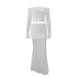 Off Shoulder Lace Long Sleeve Top and Fishtail Skirt Set Slim Fit Elegant Design Autumn Fashion