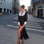 欧美设计感女装翻领气质排扣设计高开叉印花连衣裙气质贵气感长裙