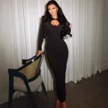 Slim Fit High Stretch Elegant Long Sleeve Dress with Hollow Chest Design and Shoulder Pads Penci