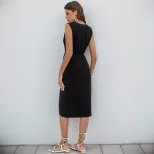 Elegant Black Sleeveless V Neck Split Maxi Dress New Arrival European and American Style Perfect