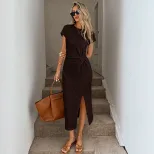 Elegant Brown Short Sleeve Midi Dress for Women Vintage Modern Style Waist Defining Side Slit Pe