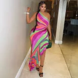 Fashionable Womens Rainbow Print Bodycon Dress Asymmetrical Neckline Summer Beach Style Wholesal