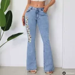 High Waisted Flared Jeans Embroidered Vintage Style Trendy Design Casual Wear for Women Ready to
