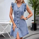 Casual Denim Dress Short Sleeve Trendy Style Vacation Ready Wholesale Availability bulk order