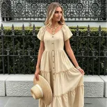 French Style V Neck Short Sleeve Cake Dress Slim Fit Waist Defining Lightweight Fabric Summer Va
