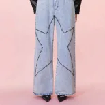 Loose Fit Vintage Beaded Denim Pants Womens Casual Style European and American Fashion Wholesale