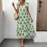 Vintage Inspired Geometric Print Sleeveless Ruffle Dress Unique Design Trendy Style Perfect for
