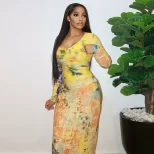 Vintage Floral Bodycon Dress for Women Long Sleeve Round Neck Slim Fit Versatile Style Perfect f