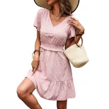 Floral Midi Dress Elegant Sweet Style Pink Color Ruffled Hem V Neck Perfect for Spring Summer Ev