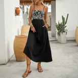 Summer Maxi Dress Sexy Floral Embroidery Spaghetti Straps Black and White Vacation Wear Wholesal