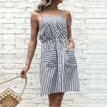 Casual Striped Cotton Linen Dress Summer Waist Defining Simple Style Ideal for Everyday Wear Who
