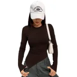 Womens Long Sleeve T Shirt Asymmetrical Neckline Slim Fit Solid Color Knitted Fabric Fall Winter