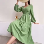 Elegant V Neck Midi Dress Fresh Spring Summer Style Youthful Green Color Wholesale Available OEM