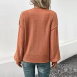 Womens Lantern Sleeve Sweater Solid Color Retro Style Autumn Winter Casual Wear