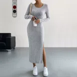 Chic Midi Bodycon Dress Slim Fit Side Slit Comfortable Fabric Spring Summer Casual Wear for Peti
