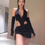 Womens Fashionable Hollow Out Halter Neck Two Piece Set Sexy Design Autumn Style European and Am