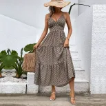 Summer Womens Khaki Geometric Print Maxi Dress Casual Beach Vacation Style factory direct