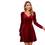 V Neck A Line Dress Waist Defining Velvet Fabric Elegant Design Autumn Winter Party Wear Wholesa