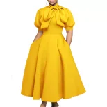 Summer Womens Short Sleeve Bow Tie A Line Party Dress Elegant Design Comfortable Fabric Versatil