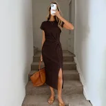 Elegant Brown Short Sleeve Midi Dress for Women Vintage Modern Style Waist Defining Side Slit Pe