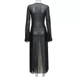 Sheer Mesh Long Cardigan Dress Ruffled Edges Tie Closure Sexy Style Perfect for Parties and Nigh