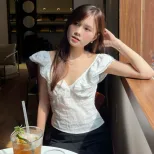 Womens Short Sleeve V Neck Ruffled T Shirt Sweet French Style Fitted Waist Summer Fashion Wholes