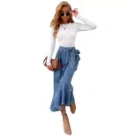 High Waisted Denim Skirt Mid Length Ruffled Hem Pleated Design Casual Wear for Women Wholesale A