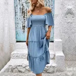 Summer Casual Midi Dress Off Shoulder Ruffle Sleeves Solid Color Vacation Wear Wholesale Availab