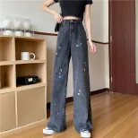 欧洲站2023春秋新款泼墨爱心牛仔裤女复古ins高腰宽松直筒阔腿裤