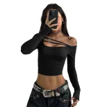 Black Sexy Off Shoulder Crop Top Hollow Cross Strap Design Trendy for Parties or Night Out Whole