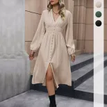 Fashionable Womens Solid Color Long Sleeve Split Dress Elegant Design Versatile for Spring and A