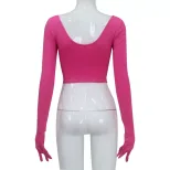 Fashionable Womens Top Sexy U Neck Long Sleeve Slim Fit Corset Style Trendy Short Length with Gl
