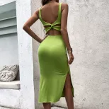 Elegant Sleeveless Midi Dress Sexy Backless Side Slit Bodycon Fit Spring Summer Fashion for Wome