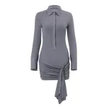 Womens Long Sleeve Polo Dress Slim Fit Button Closure Solid Color Adjustable Tie Winter Fashion