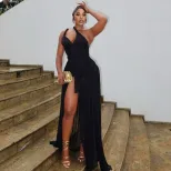 Fashionable Womens Bodycon Dress Solid Color Asymmetrical Hem Side Slit Off Shoulder Sexy Backle