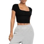 Slim Fit Short Sleeve Knitted T Shirt Square Neck Irregular Hem Casual Style Summer Womens Activ
