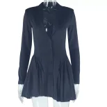 Fashionable Womens Dress Solid Color Pleated Skirt Deep V Neck Long Sleeve Casual or Evening Wea