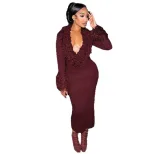 Knit Bodycon Dress Long Sleeve Deep V Neck Fringe Detail Solid Color Autumn Winter Fashion for P