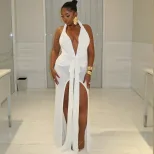 Fashionable Womens Solid Color Sexy Halter Bodycon Dress Backless V Neck Split Hem Evening Wear
