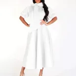Elegant Puff Sleeve Solid Color Maxi Dress Waist Tie Flattering Fit Spring Summer Style Wholesal