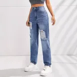 Womens Casual Slim Fit Ripped Straight Leg Jeans Comfortable Denim Fabric Perfect for Everyday W