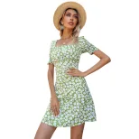 Floral Ruffle Dress Off Shoulder Fresh Country Style Green Fabric Summer Occasion Wholesale Avai