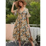 Floral Print V Neck Dress Casual Slim Fit Waist Defining Perfect for Spring Summer Outings Whole